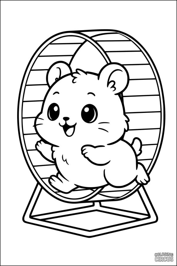 Coloring page of a cute hamster running in a wheel, suitable for young children