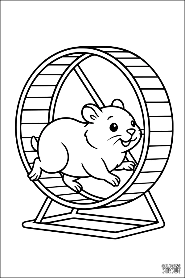 Coloring page featuring a cute hamster running on a hamster wheel