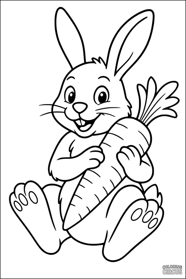 Coloring page showing a smiling cartoon hare holding a large carrot