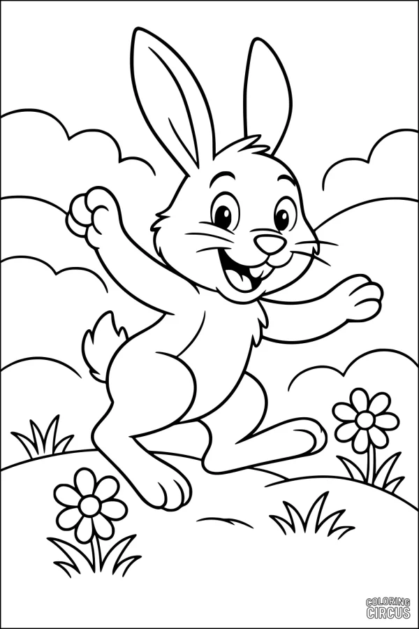 Coloring page featuring a happy hare hopping in a meadow with flowers and clouds
