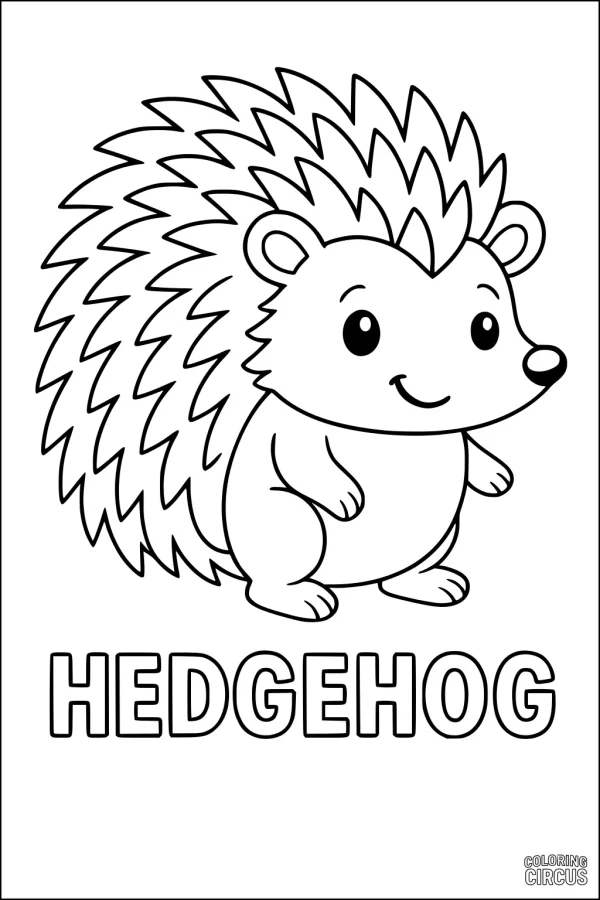 Coloring page featuring a cute cartoon hedgehog with a big smile and simple shapes