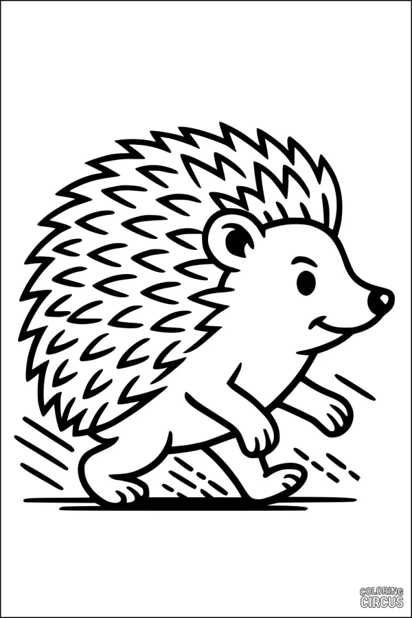 Coloring page of a smiling cartoon hedgehog running, with bold lines and clear shapes for young children