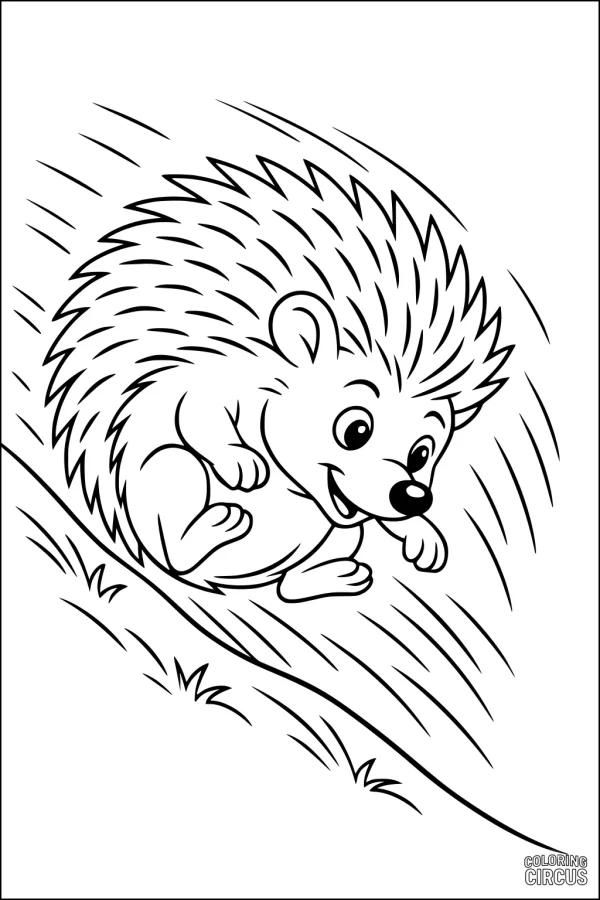 Coloring page showing a cute hedgehog rolling joyfully down a grassy hill
