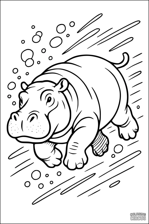 Coloring page showing a cute hippopotamus swimming underwater with bubbles