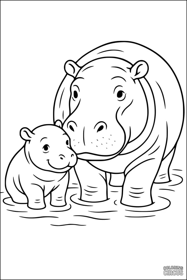 Coloring page featuring a cute hippopotamus and baby standing in water
