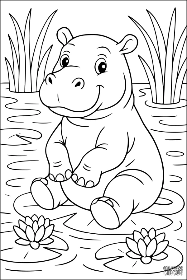 Coloring page of a cute hippopotamus sitting in a pond with water lilies and tall grass in the background.