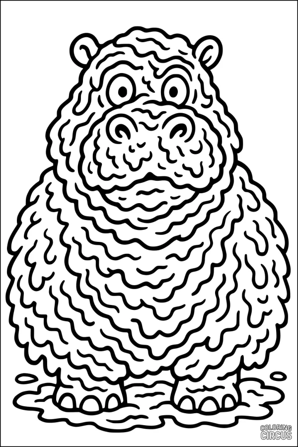 Coloring page featuring a cartoon hippopotamus with bumpy skin standing in a mud puddle