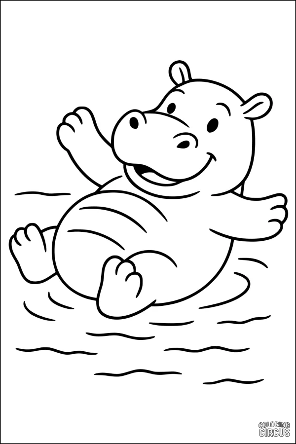 Coloring page showing a smiling cartoon hippopotamus swimming playfully in water