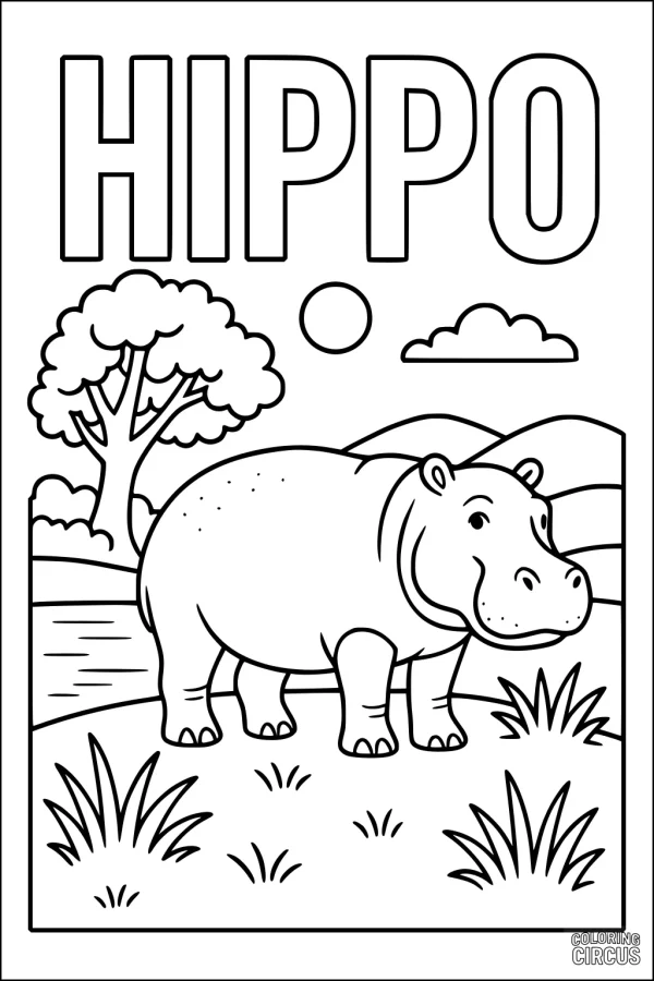 Coloring page featuring a smiling hippopotamus near a river, with grass, a tree, clouds, and hills in the background.