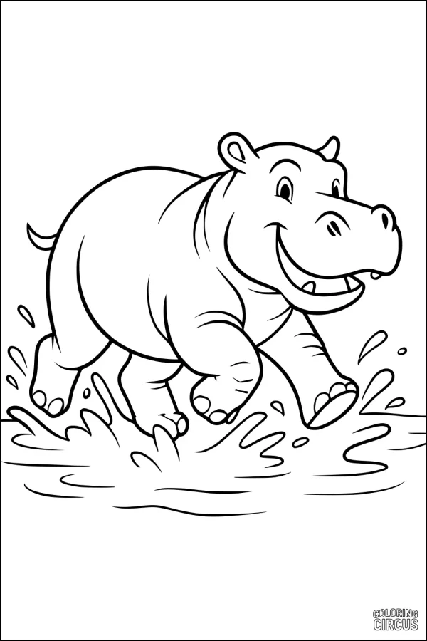 Coloring page of a smiling hippopotamus splashing in the water for kids