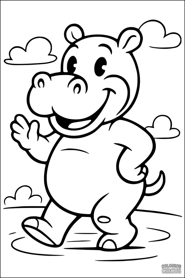 Coloring page of a cartoon hippopotamus walking and waving under clouds