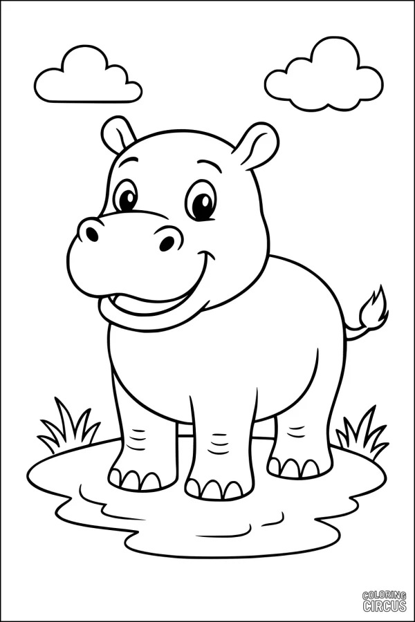 Coloring page featuring a smiling cartoon hippopotamus standing in a puddle with clouds and grass