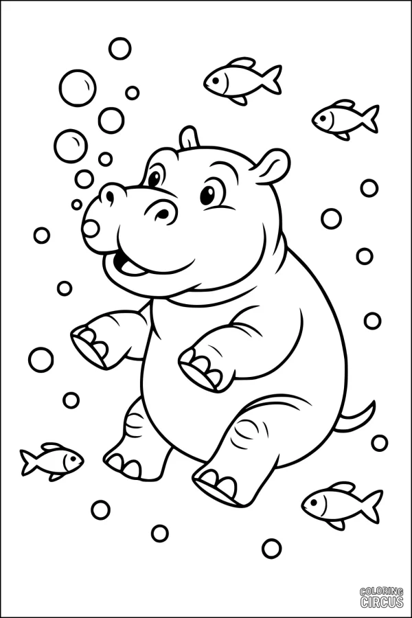 Coloring page of a smiling hippopotamus underwater with fish and bubbles