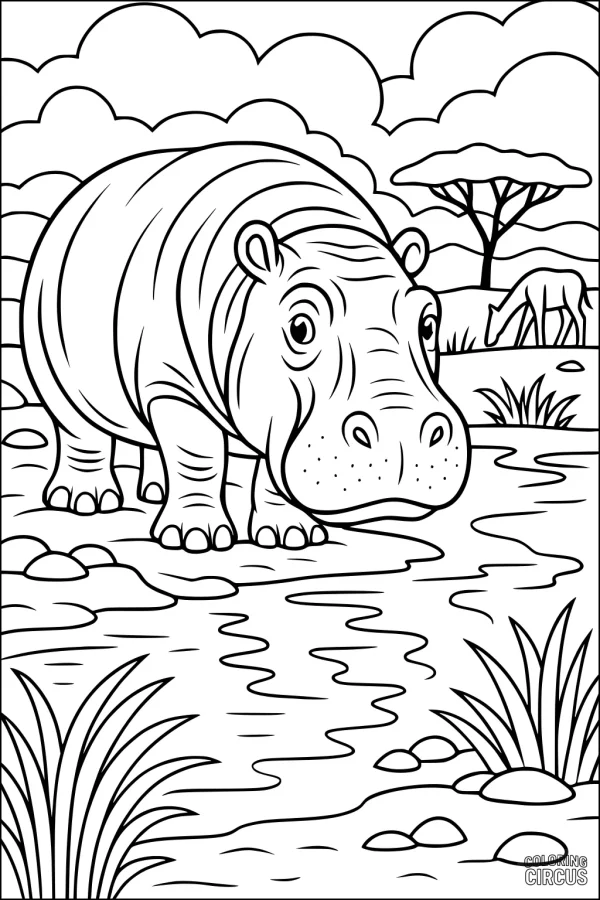 Coloring page featuring a cute hippopotamus by a river with African landscape and grazing antelope