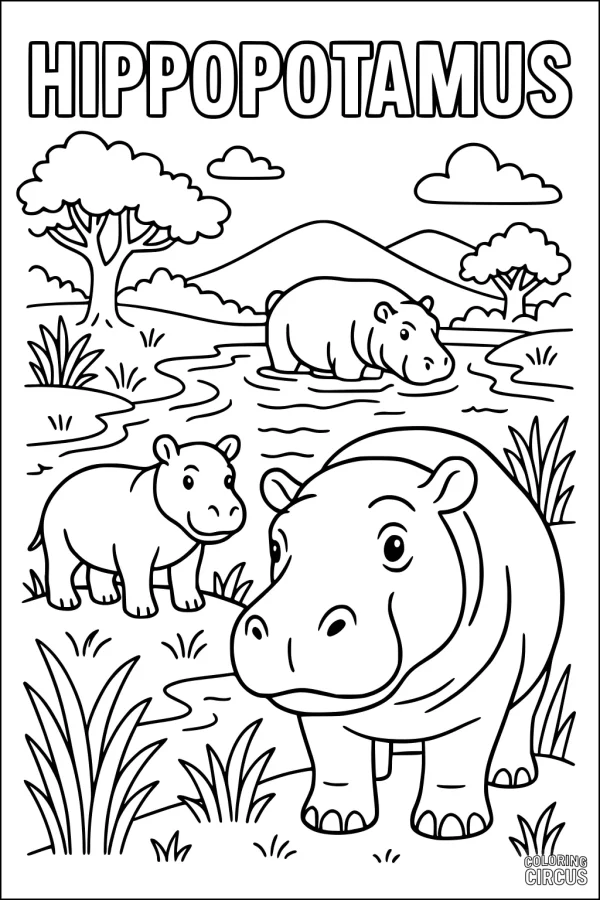 Coloring page of cute hippopotamus family by river with trees, hills, and clouds