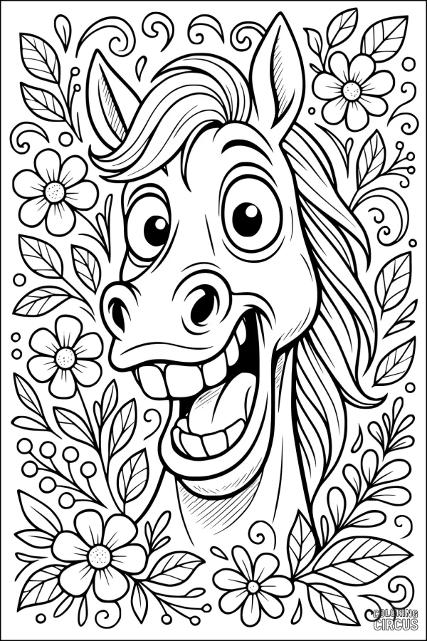 Coloring page featuring a smiling cartoon horse surrounded by flowers and leaves