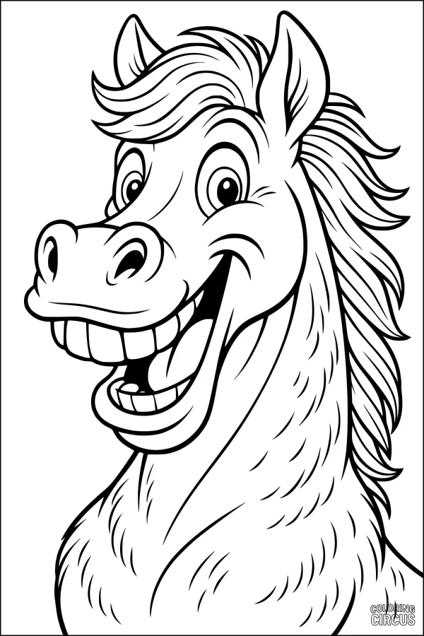 Coloring page featuring a cartoon horse with a big smile and flowing mane