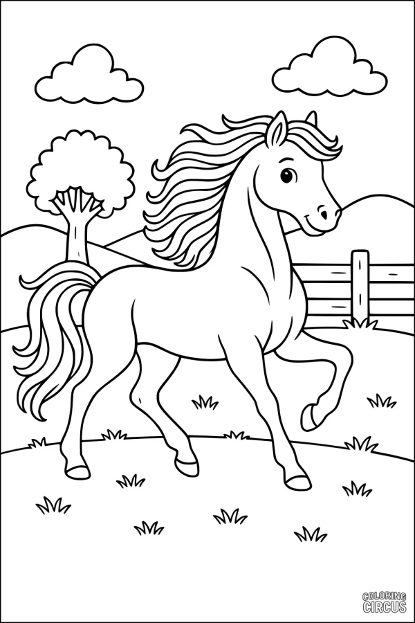 Coloring page of a smiling horse prancing in a sunny meadow with a tree, fence, and clouds in the background