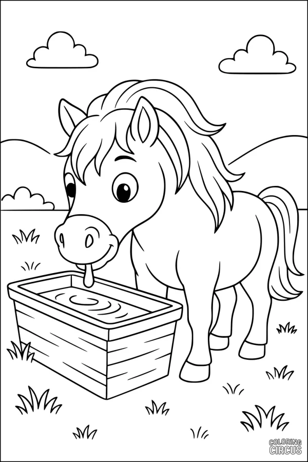 Coloring page showing a cute horse drinking from a trough in a simple outdoor pasture scene