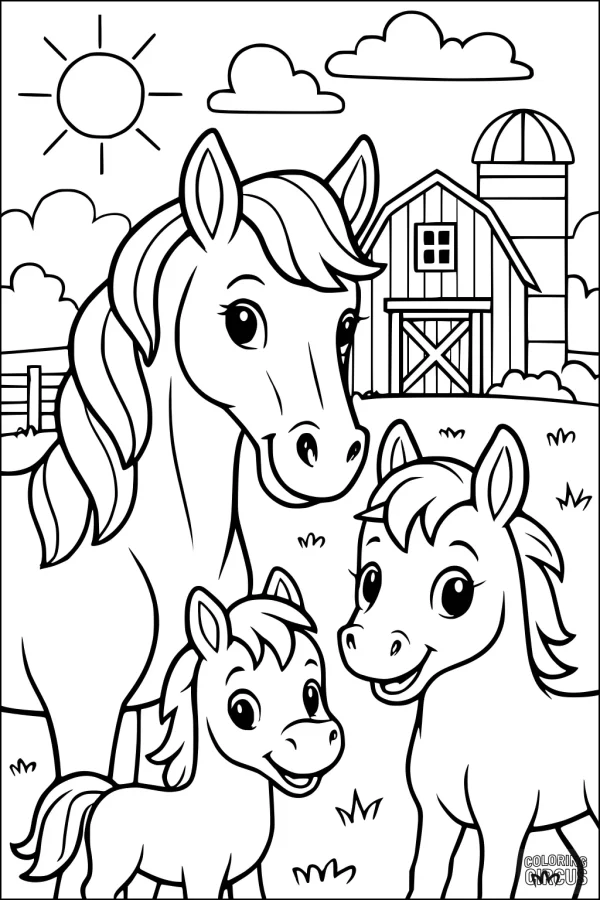 Coloring page showing a smiling horse family with a barn and sunny sky background