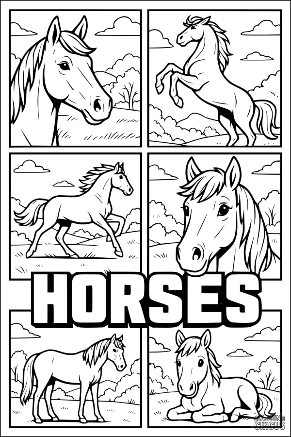 Coloring page with six cartoon horses in a field, featuring playful and resting poses.