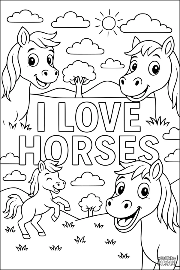 Coloring page with happy cartoon horses in a sunny meadow, surrounded by trees and clouds