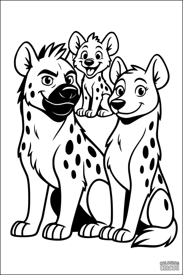 Coloring page featuring a cute cartoon hyena family with two adults and one playful pup