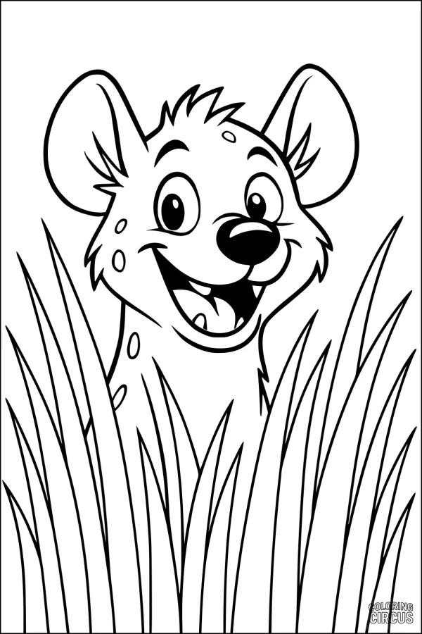 Coloring page shows a cartoon hyena with a big smile peeking through tall grass.