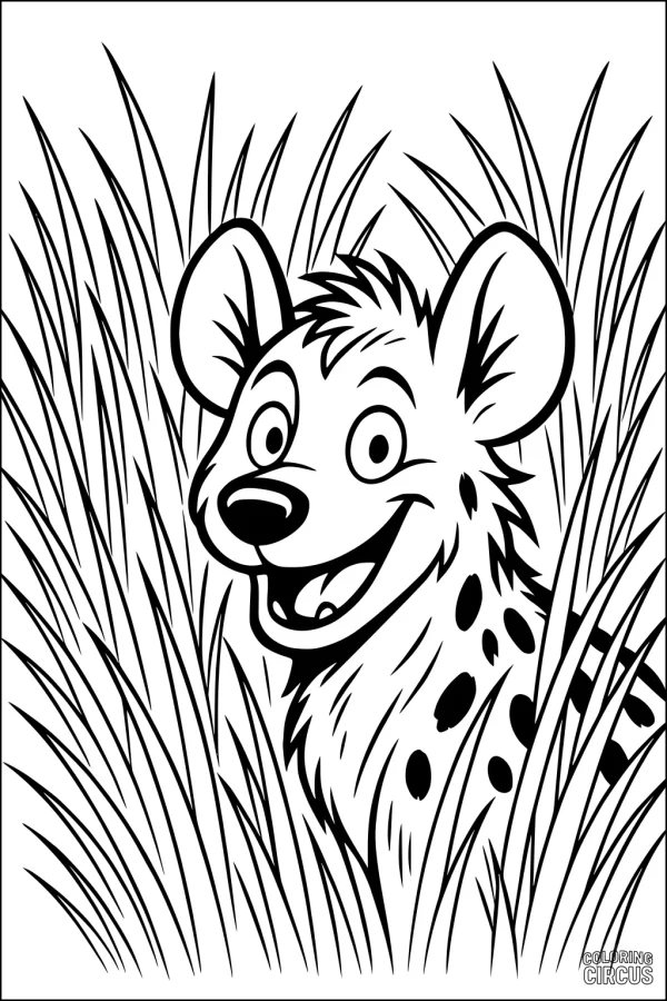 Coloring page of a smiling cartoon hyena surrounded by tall grass, perfect for young children