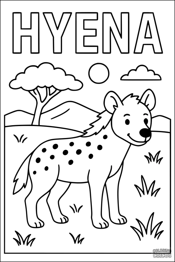 Coloring page featuring a cute spotted hyena standing in a grassy savannah landscape with trees, hills, sun, and clouds.