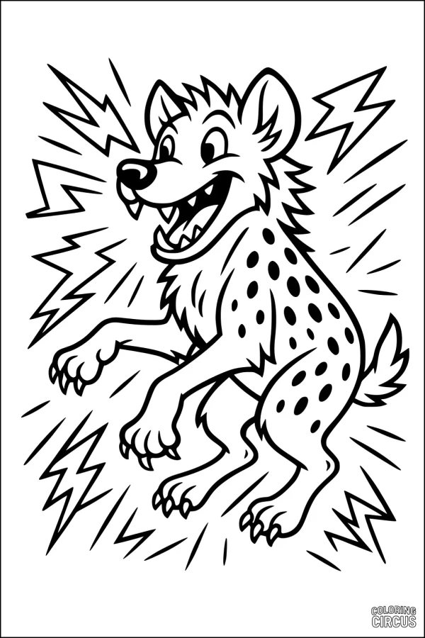 Coloring page featuring a joyful cartoon hyena laughing with playful energy lines