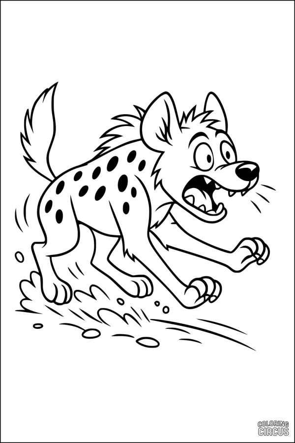 Coloring page of a cartoon hyena running with playful expression, designed for children