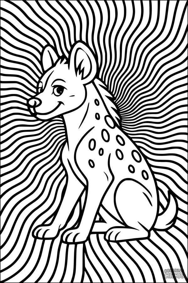 Coloring page features a smiling cartoon hyena with a wavy background pattern for kids