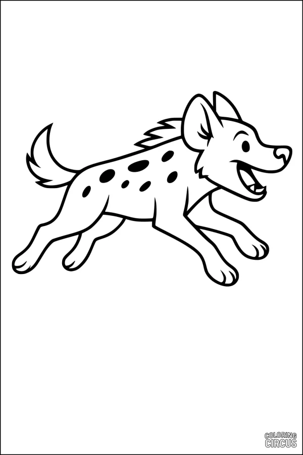 Coloring page of a cartoon hyena running with a big smile and spotted fur