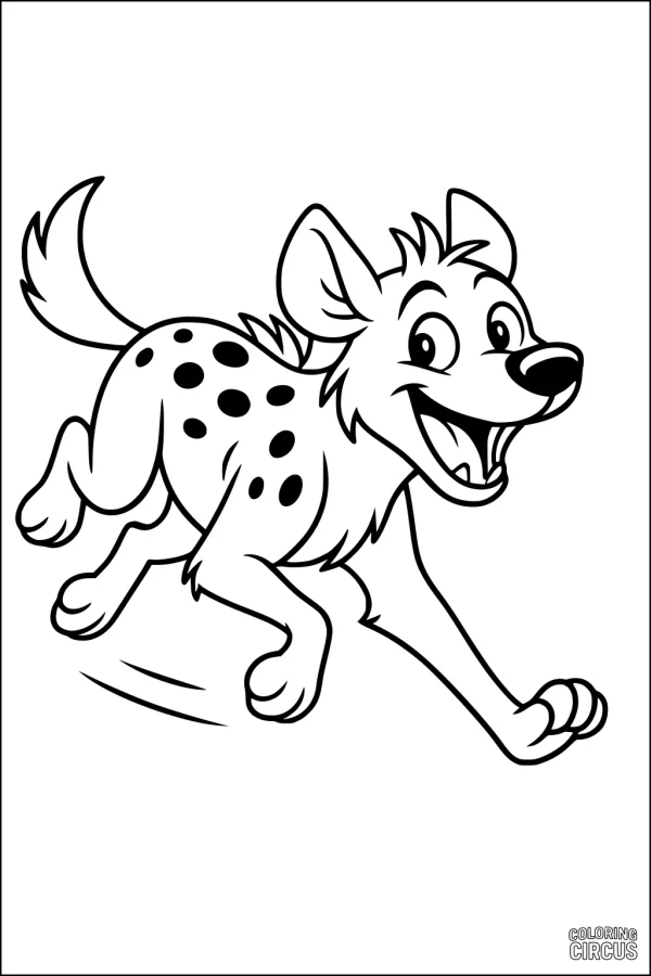 Coloring page showing a smiling cartoon hyena running playfully