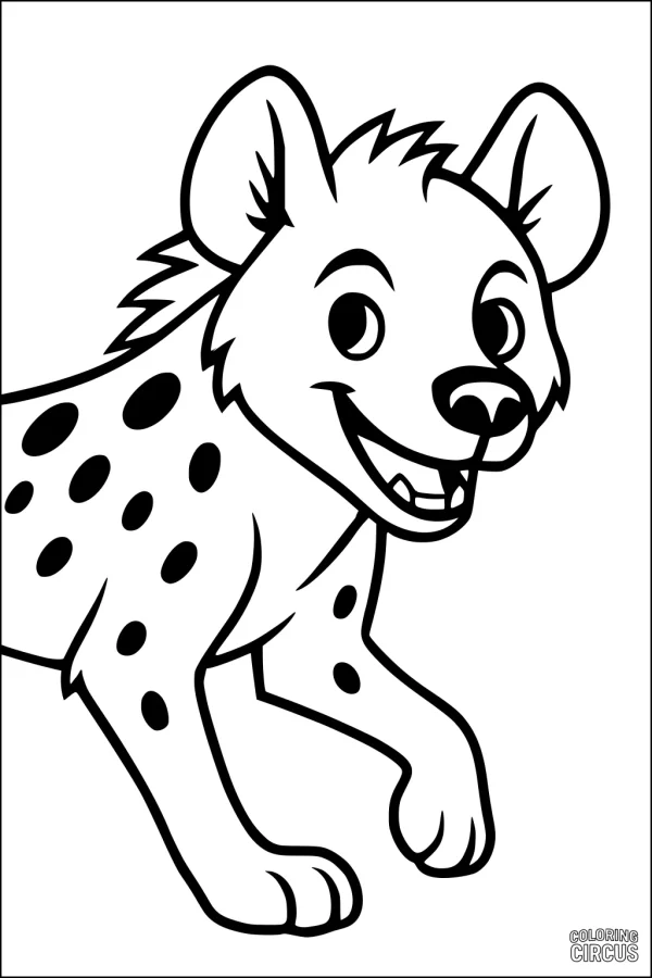 Coloring page featuring a smiling cartoon hyena with spots, ideal for young children
