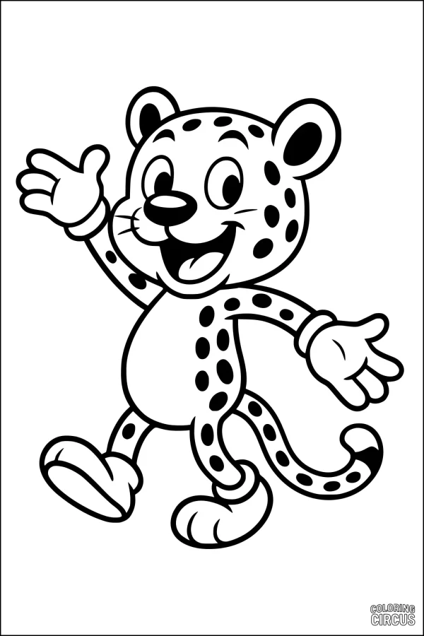 Coloring page of a smiling cartoon jaguar waving with big spots and a friendly expression