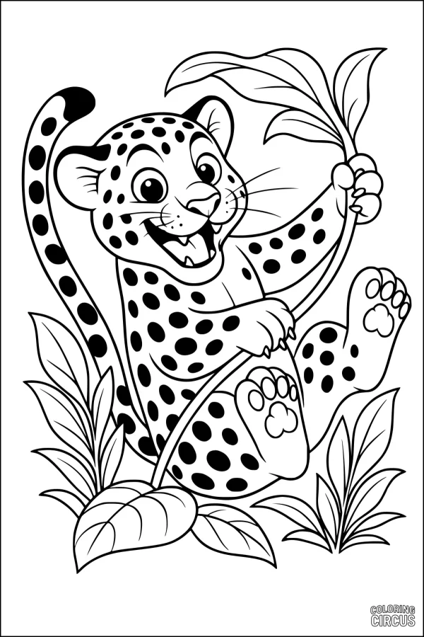 Coloring page of a smiling cartoon jaguar swinging on a vine among jungle leaves