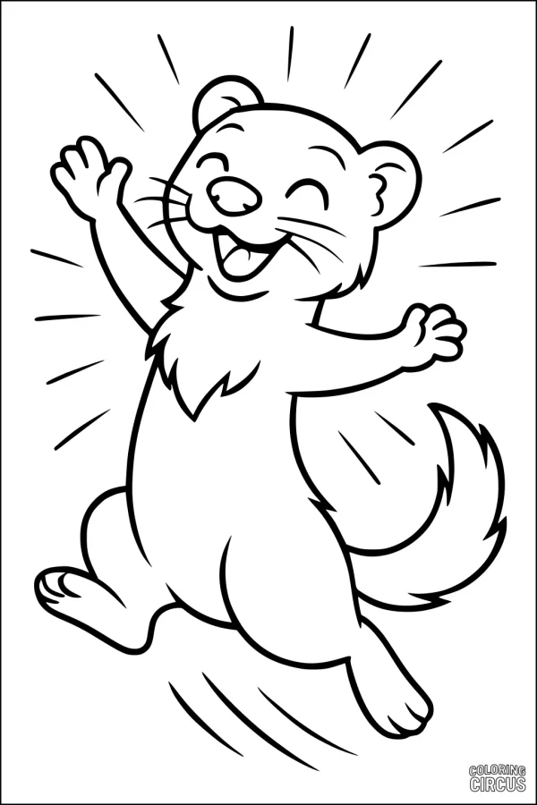 Coloring page featuring a cartoon ferret joyfully jumping with a big smile