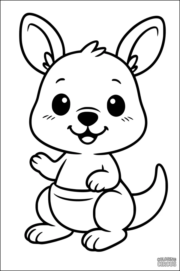Coloring page featuring a cute cartoon kangaroo with large ears and a happy expression