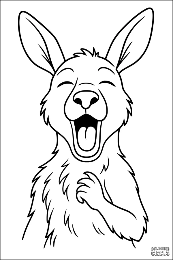 Coloring page showing a cartoon kangaroo laughing with eyes closed