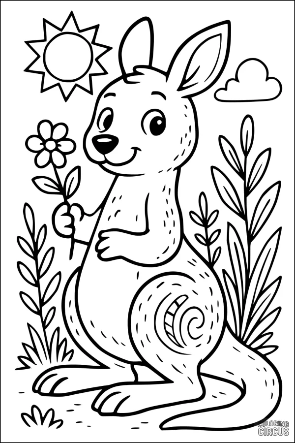 Coloring page featuring a smiling cartoon kangaroo holding a flower in a sunny garden
