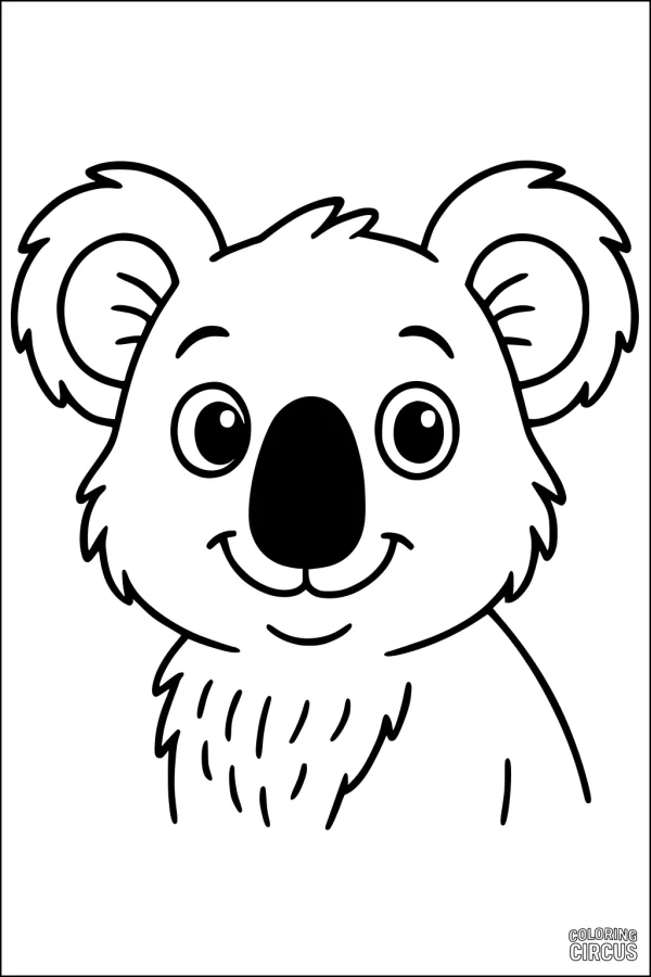 Coloring page featuring a friendly cartoon koala with big ears and a smiling face