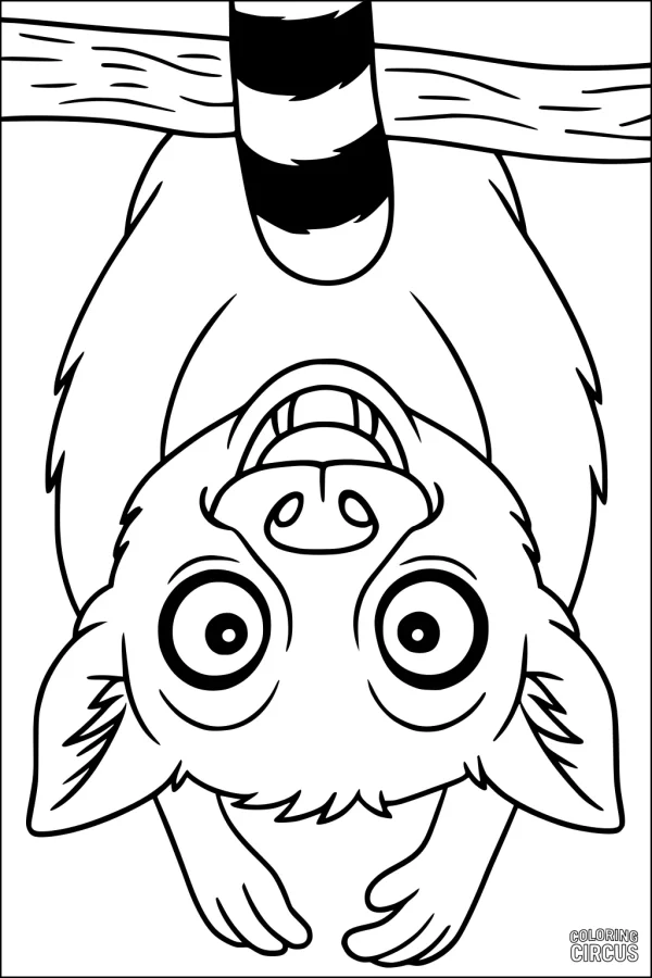Coloring page of a cute lemur hanging upside down by its tail from a tree branch, with big eyes and a friendly expression.