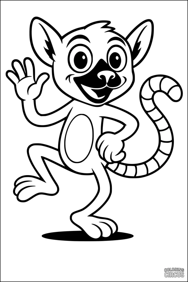 Coloring page featuring a cartoon lemur with a striped tail waving and smiling