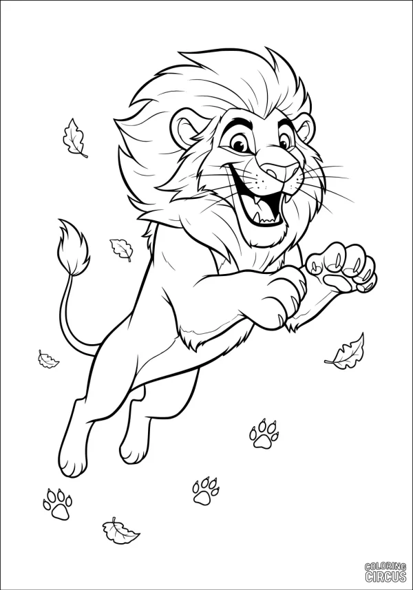 Coloring page of a smiling cartoon lion jumping among falling leaves and paw prints