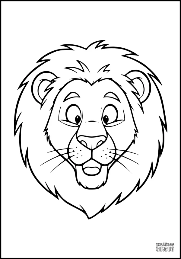 Coloring page showing a cartoon lion face with a big mane and happy expression