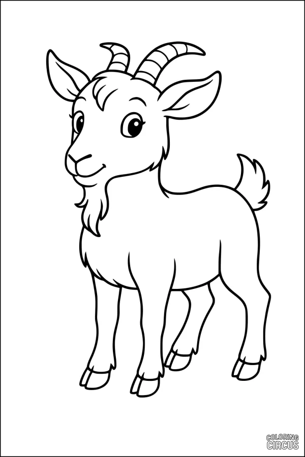 Coloring page featuring a smiling cartoon goat with large horns and friendly eyes, perfect for young children.