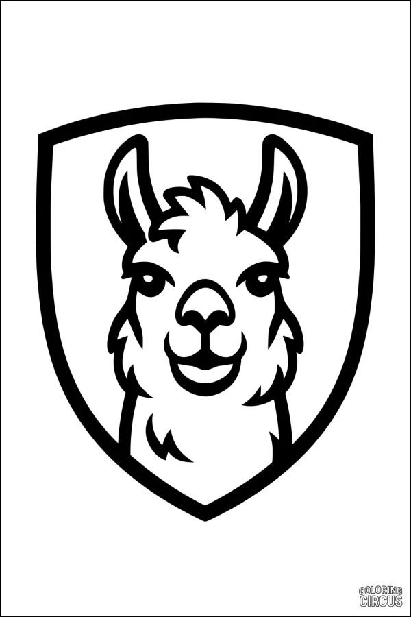 Coloring page of a smiling llama bust inside a shield emblem, friendly cartoon style