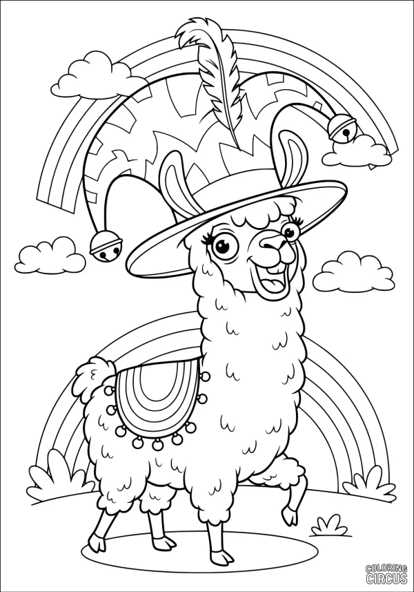 Coloring page showing a cheerful llama wearing a feathered jester hat, surrounded by rainbows and clouds